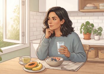 Mujer joven disfrutando de un desayuno saludable y equilibrado en una cocina soleada.