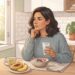 Mujer joven disfrutando de un desayuno saludable y equilibrado en una cocina soleada.