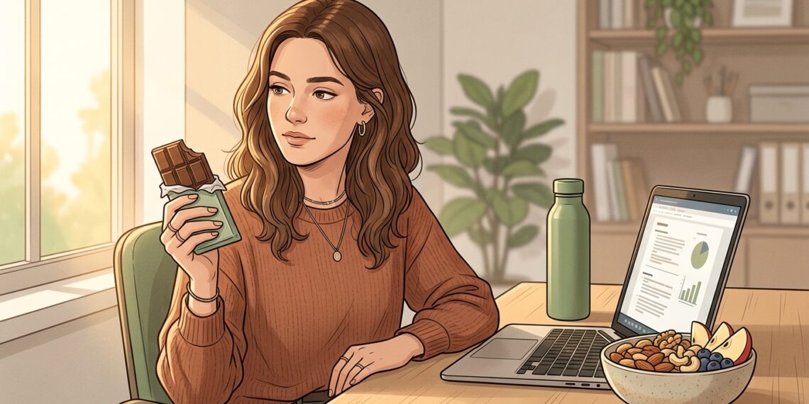 Ilustración de una mujer joven trabajando en su escritorio bañada por la luz del sol de la tarde, sosteniendo una tableta de chocolate a medio comer con mirada pensativa, mientras tiene opciones de refrigerios saludables y una computadora portátil en la mesa.