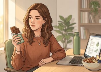 Ilustración de una mujer joven trabajando en su escritorio bañada por la luz del sol de la tarde, sosteniendo una tableta de chocolate a medio comer con mirada pensativa, mientras tiene opciones de refrigerios saludables y una computadora portátil en la mesa.