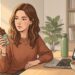 Ilustración de una mujer joven trabajando en su escritorio bañada por la luz del sol de la tarde, sosteniendo una tableta de chocolate a medio comer con mirada pensativa, mientras tiene opciones de refrigerios saludables y una computadora portátil en la mesa.