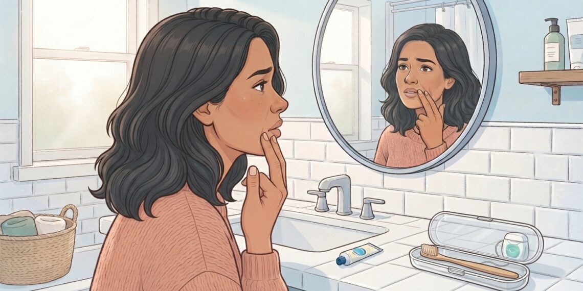 Mujer preocupada mirándose al espejo del baño y tocándose la comisura de los labios.