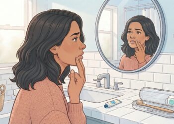 Mujer preocupada mirándose al espejo del baño y tocándose la comisura de los labios.