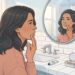 Mujer preocupada mirándose al espejo del baño y tocándose la comisura de los labios.
