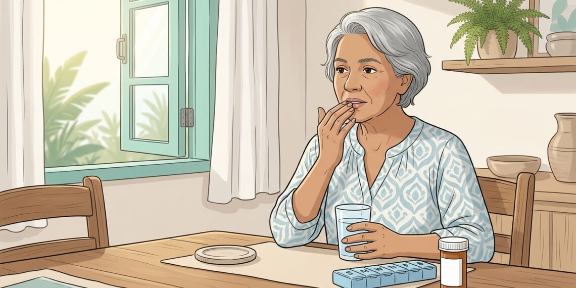 Ilustración de una mujer mayor sentada a la mesa tocándose los labios secos, con un vaso de agua, un pastillero semanal y un frasco de medicamentos frente a ella, iluminada por la luz de una ventana abierta.