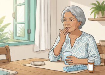 Ilustración de una mujer mayor sentada a la mesa tocándose los labios secos, con un vaso de agua, un pastillero semanal y un frasco de medicamentos frente a ella, iluminada por la luz de una ventana abierta.