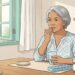 Ilustración de una mujer mayor sentada a la mesa tocándose los labios secos, con un vaso de agua, un pastillero semanal y un frasco de medicamentos frente a ella, iluminada por la luz de una ventana abierta.