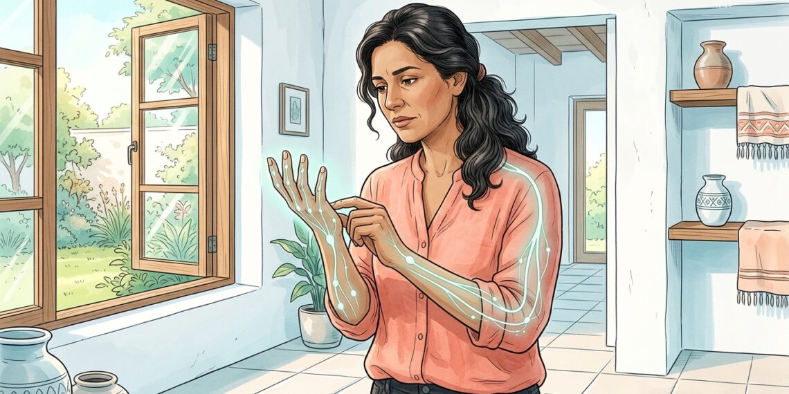 Una mujer pensativa toca su mano derecha, donde se visualiza una red nerviosa azul brillante. Está en una sala de estar de estilo rústico-moderno con grandes ventanas abiertas a un jardín soleado.