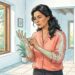 Una mujer pensativa toca su mano derecha, donde se visualiza una red nerviosa azul brillante. Está en una sala de estar de estilo rústico-moderno con grandes ventanas abiertas a un jardín soleado.