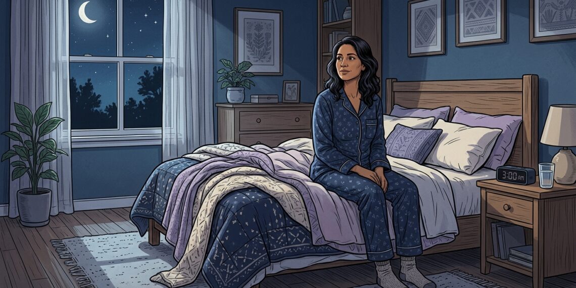 Ilustración de una mujer sentada despierta en el borde de su cama durante la madrugada en una habitación tenuemente iluminada por la luna.