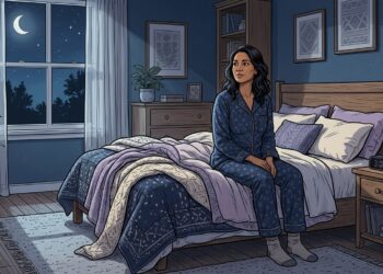 Ilustración de una mujer sentada despierta en el borde de su cama durante la madrugada en una habitación tenuemente iluminada por la luna.