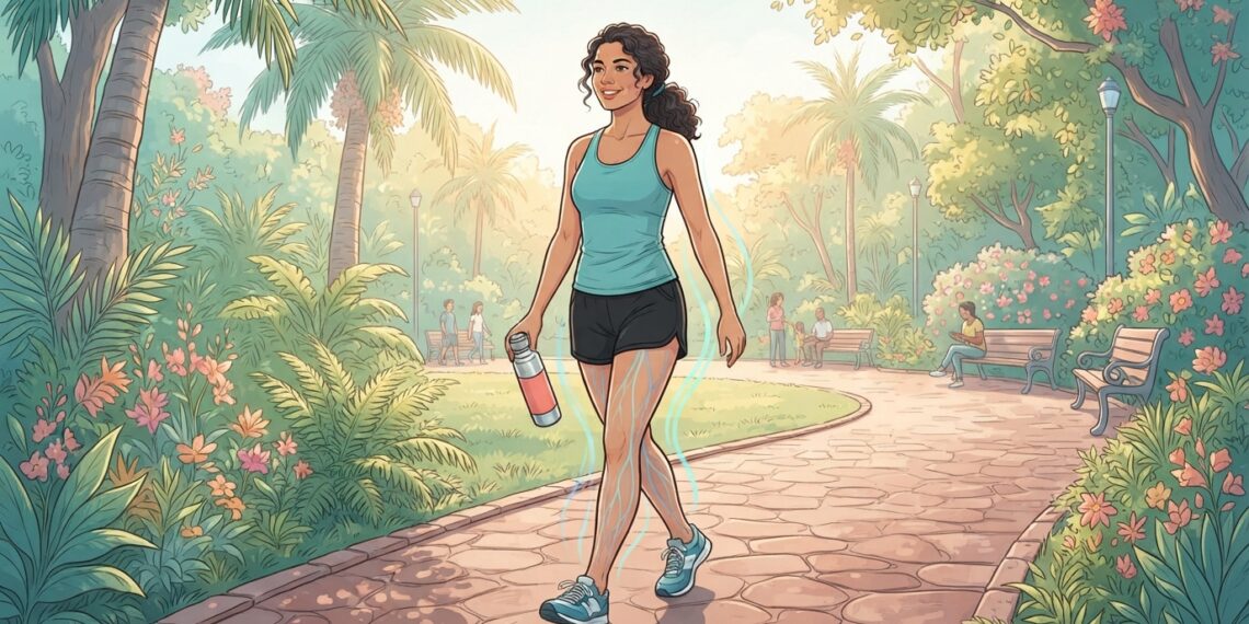 Mujer joven caminando por un parque soleado con líneas brillantes alrededor de sus piernas que simbolizan la buena circulación.