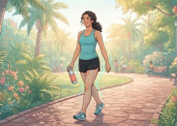 Mujer joven caminando por un parque soleado con líneas brillantes alrededor de sus piernas que simbolizan la buena circulación.