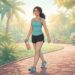 Mujer joven caminando por un parque soleado con líneas brillantes alrededor de sus piernas que simbolizan la buena circulación.
