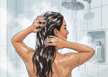Ilustración de una mujer lavándose el cabello oscuro con champú bajo la ducha.