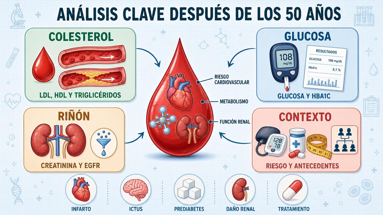 Colesterol, glucosa, función renal y contexto clínico forman los pilares preventivos.