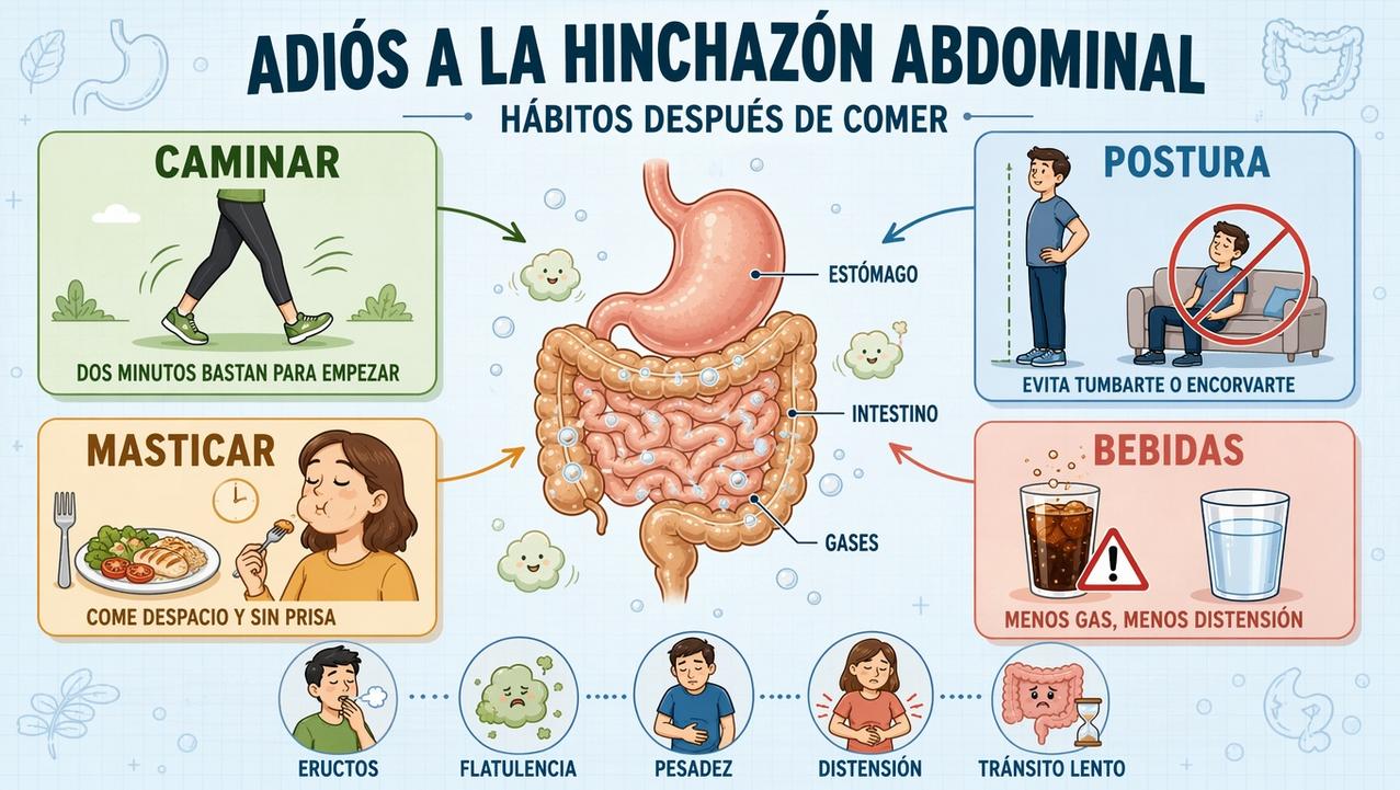 Caminar, postura, masticación y bebidas marcan la digestión tras las comidas.