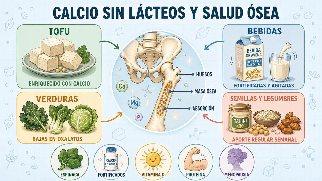 Tofu, bebidas fortificadas, verduras y semillas sostienen el calcio diario.