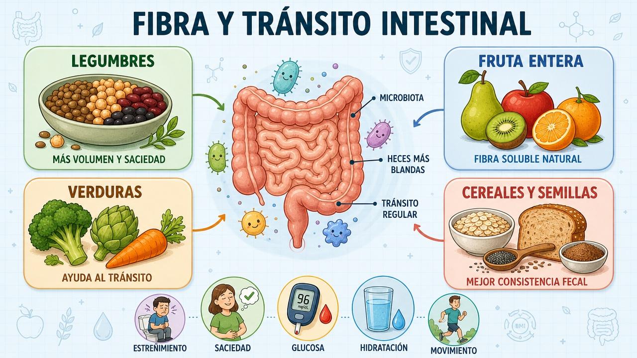 Cuatro grupos ricos en fibra que favorecen tránsito, saciedad y microbiota.