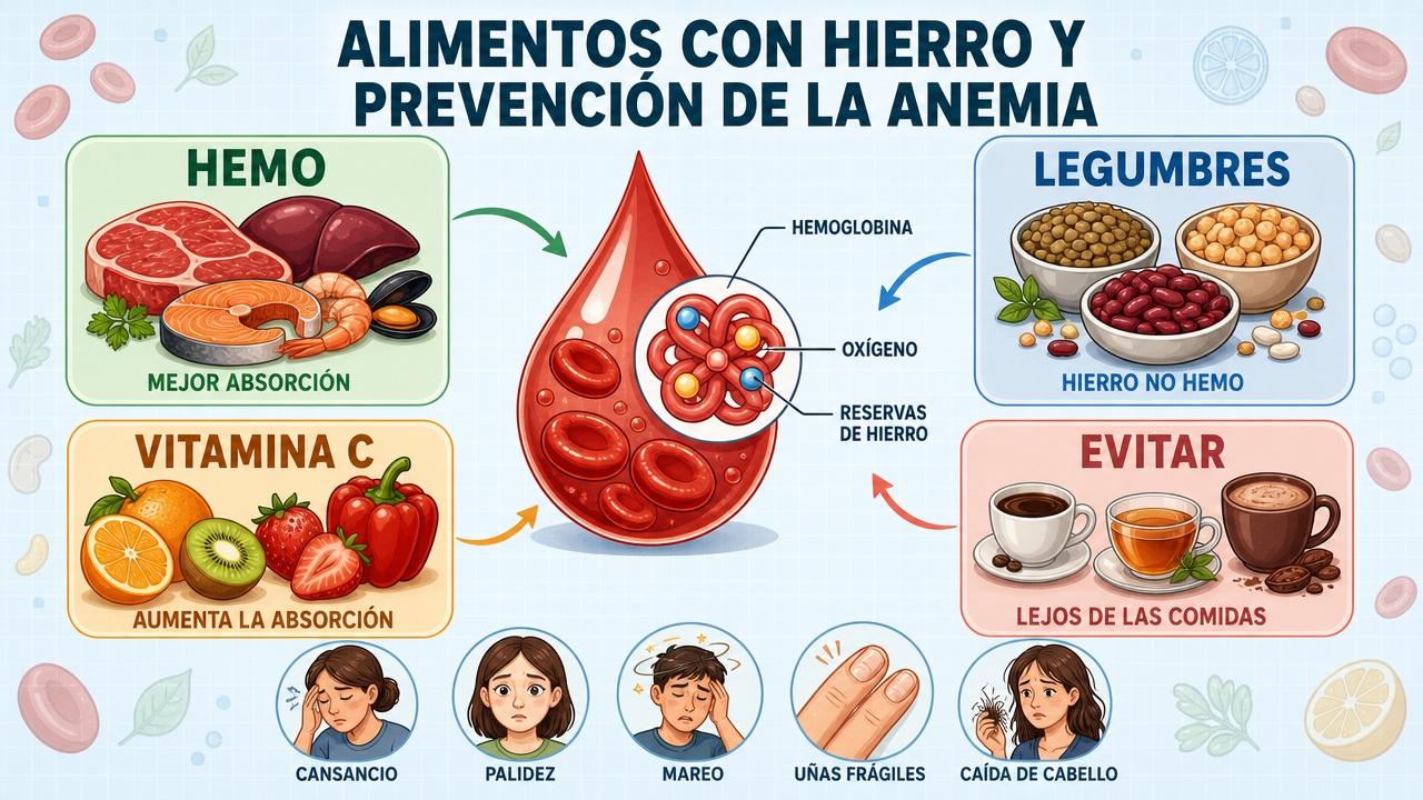 Fuentes de hierro, absorción y señales clave para prevenir la anemia.