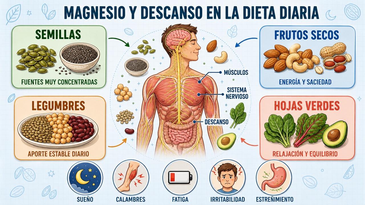 Semillas, frutos secos, legumbres y hojas verdes sostienen relajación y mejor descanso.