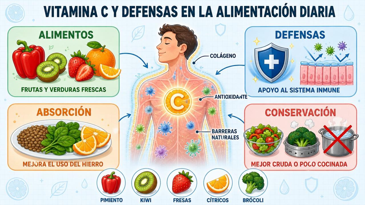 Cuatro claves de la vitamina C: alimentos, defensas, hierro y conservación.