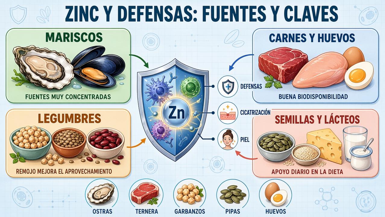 Mariscos, carnes, legumbres y semillas: pilares dietéticos para mejorar el aporte de zinc.