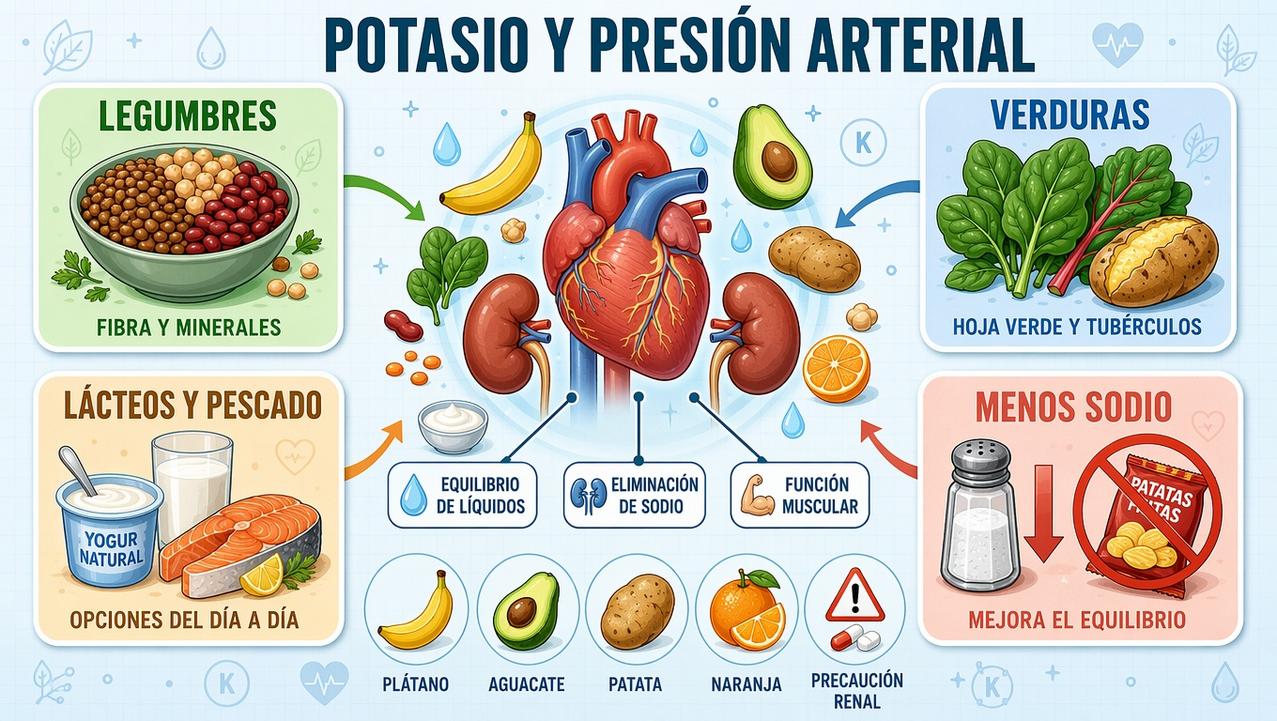 Cuatro claves dietéticas para apoyar la presión arterial con alimentos ricos en potasio.