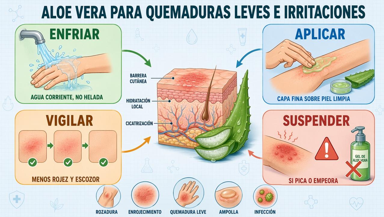 Enfriar, aplicar, vigilar y suspender: claves del aloe vera tópico.