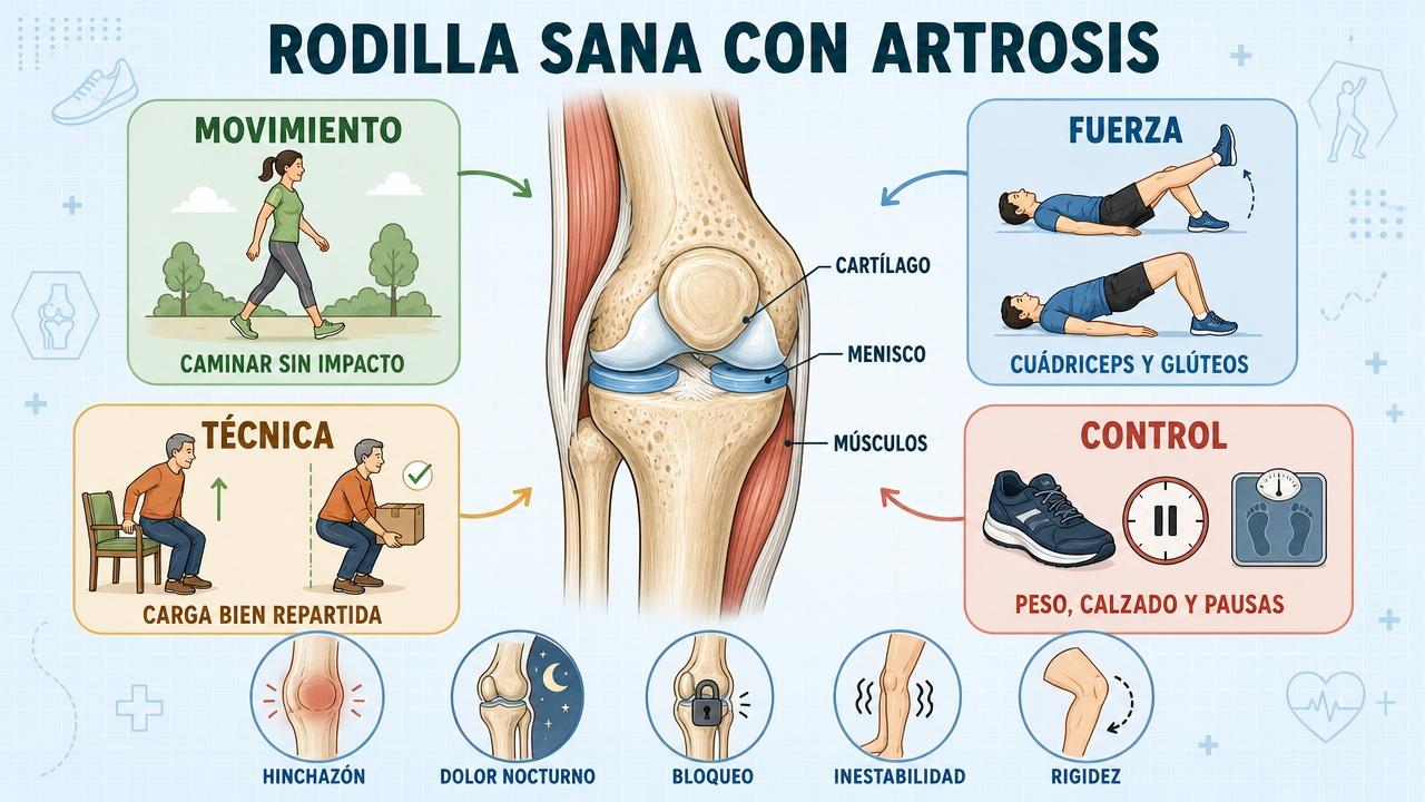 Movimiento, fuerza, técnica y control diario ayudan a proteger la rodilla.