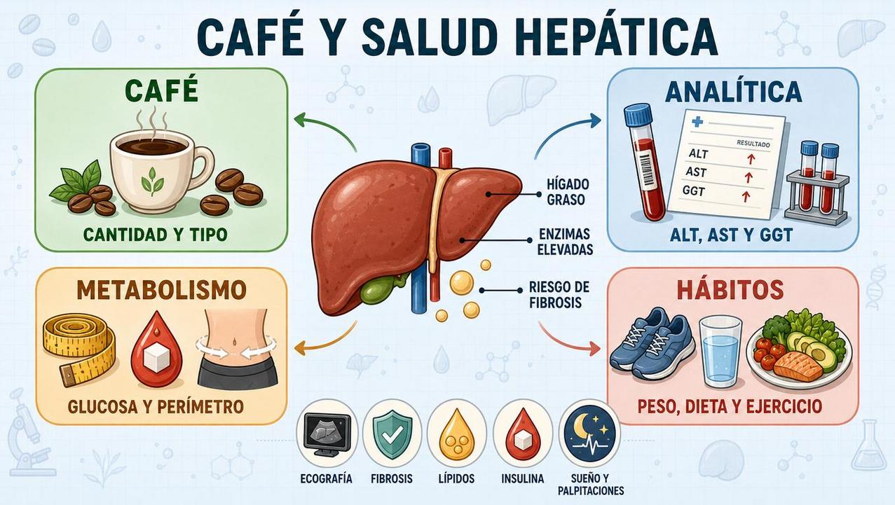 Cuatro pilares para valorar café, hígado graso y enzimas hepáticas elevadas.