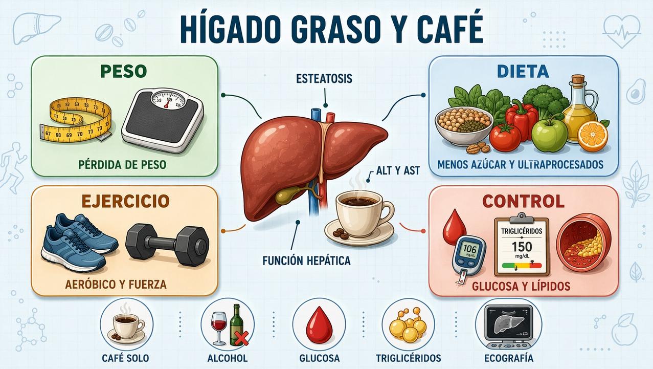 Peso, dieta, ejercicio y control metabólico influyen más en la función hepática.