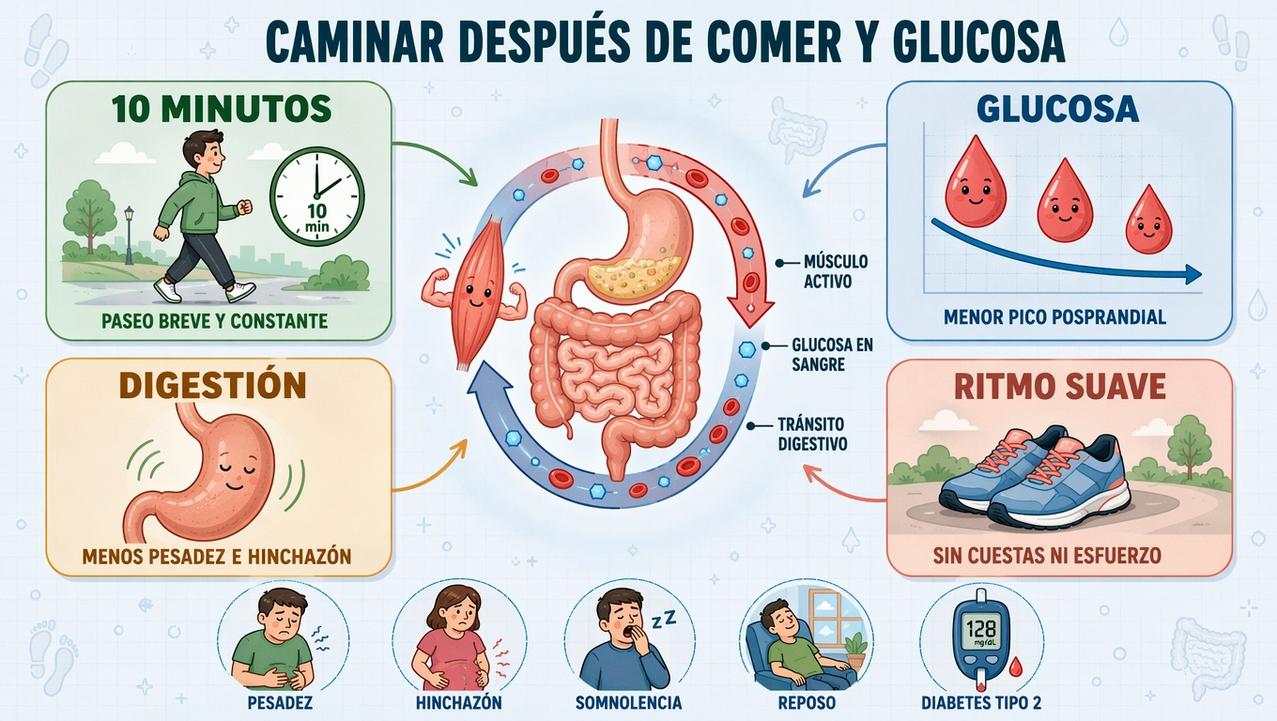 Paseo breve, ritmo suave, mejor glucosa y digestión más cómoda.