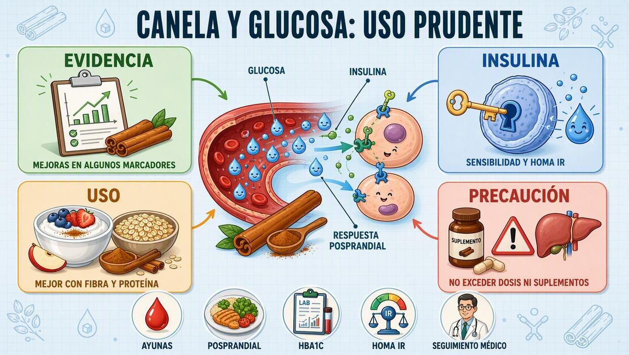 Evidencia, insulina, uso culinario y precauciones sobre la canela y glucosa.