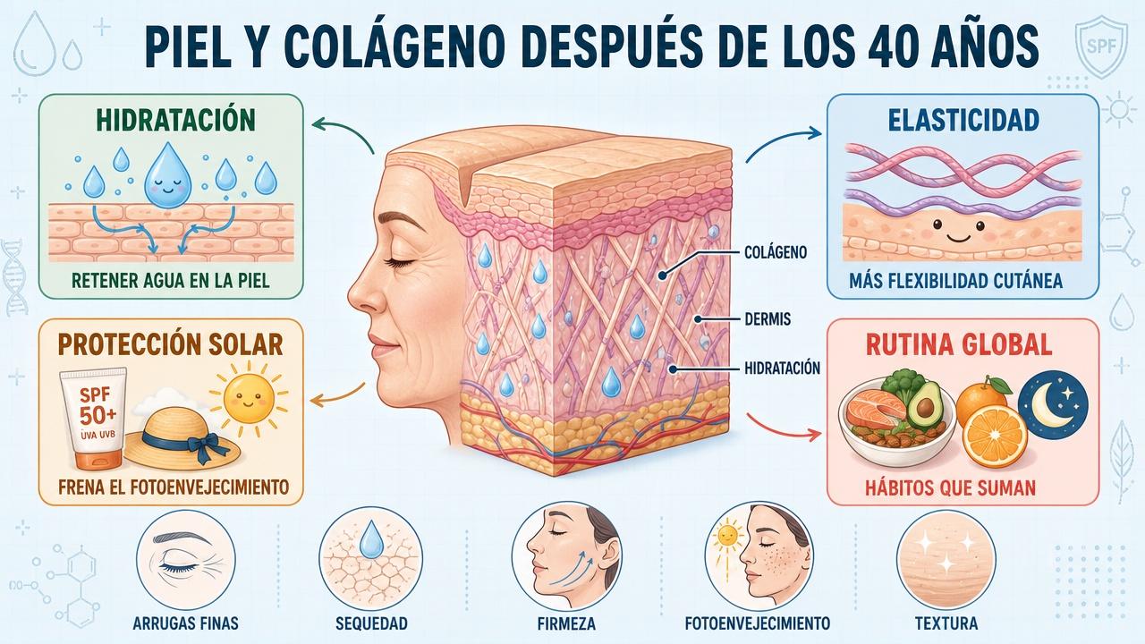 Hidratación, elasticidad, fotoprotección y hábitos sostienen la piel después de los 40.