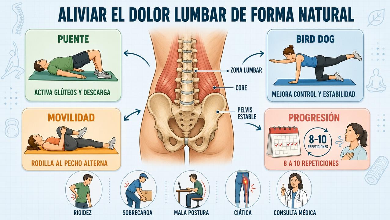 Puente, bird dog, movilidad y progresión: claves para aliviar la lumbalgia.