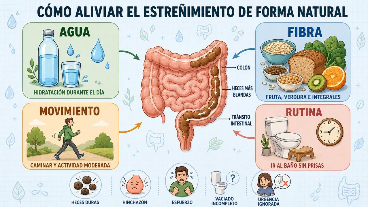Agua, fibra, movimiento y rutina intestinal sostienen un tránsito más regular.