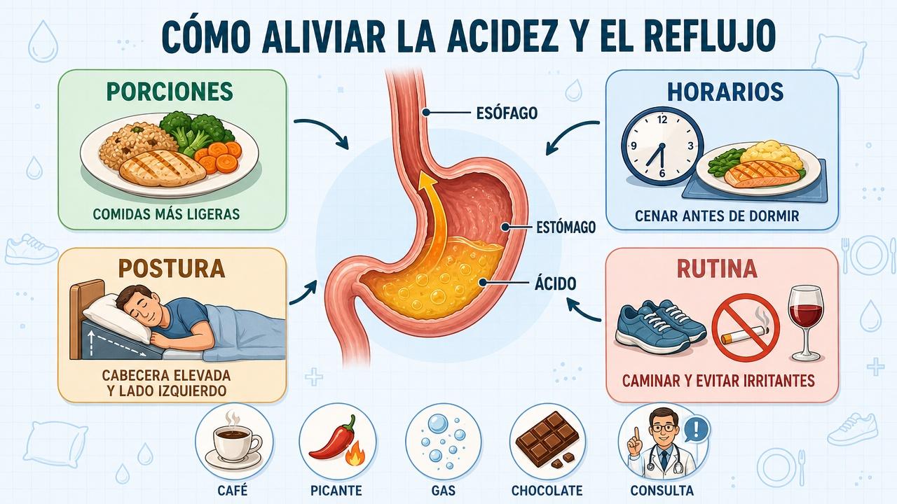 Porciones, horarios, postura y rutina diaria ayudan a controlar el reflujo.