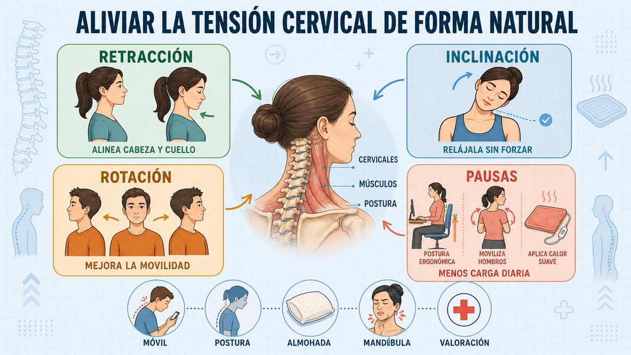 Cuatro pilares clave para reducir tensión cervical y recuperar movilidad.