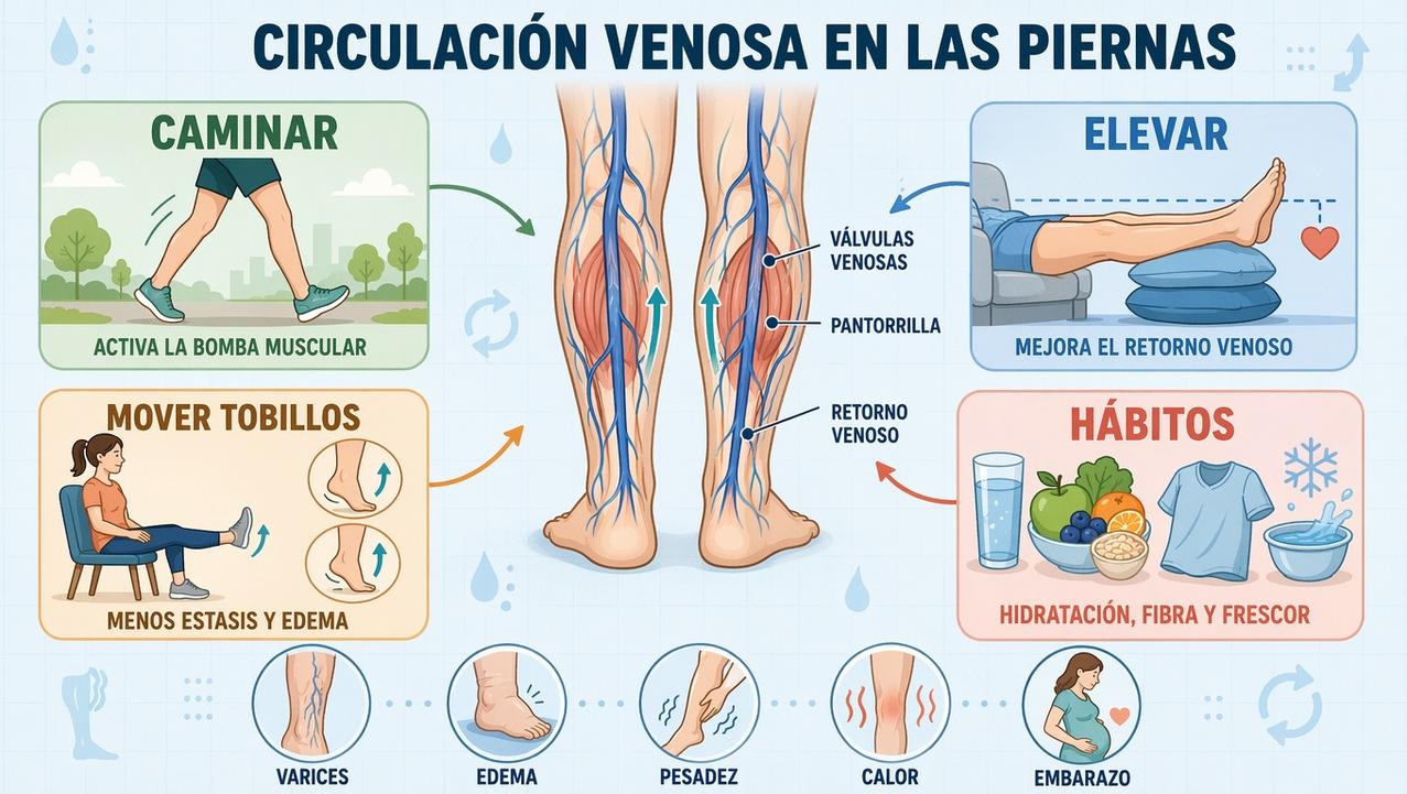 Caminar, elevar, mover tobillos y cuidar hábitos mejora la circulación venosa.