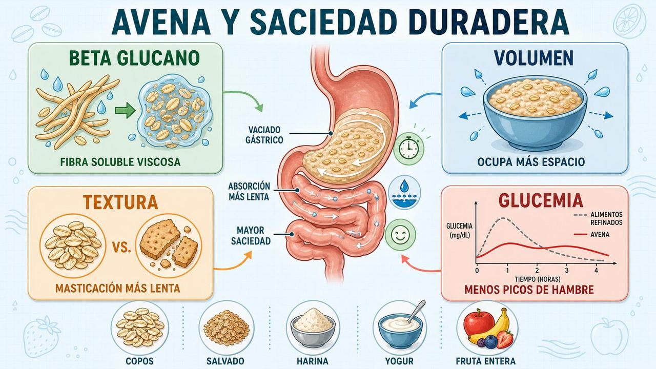 Beta glucano, volumen, textura y glucemia explican la saciedad prolongada de la avena.