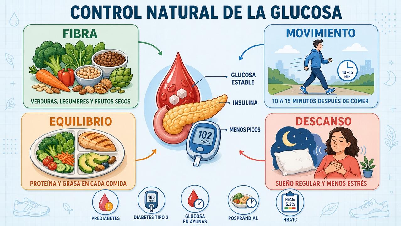 Fibra, movimiento, equilibrio y descanso sostienen un mejor control glucémico.