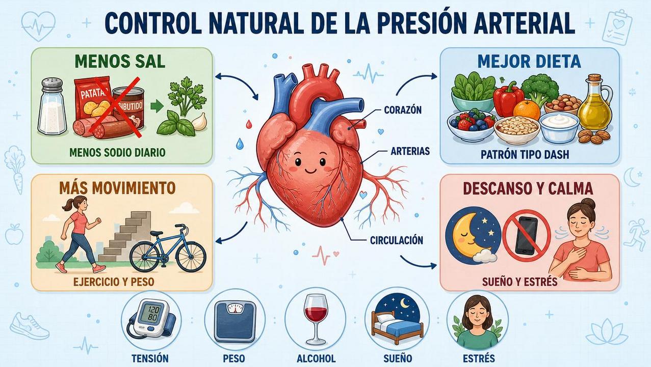 Cuatro pilares clave para mejorar la tensión: dieta, sal, movimiento y descanso.