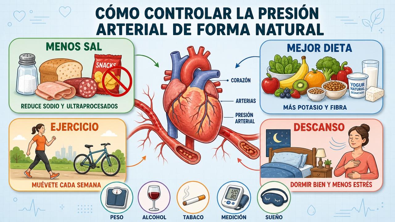 Alimentación, ejercicio, menos sal y descanso sostienen una tensión más estable.
