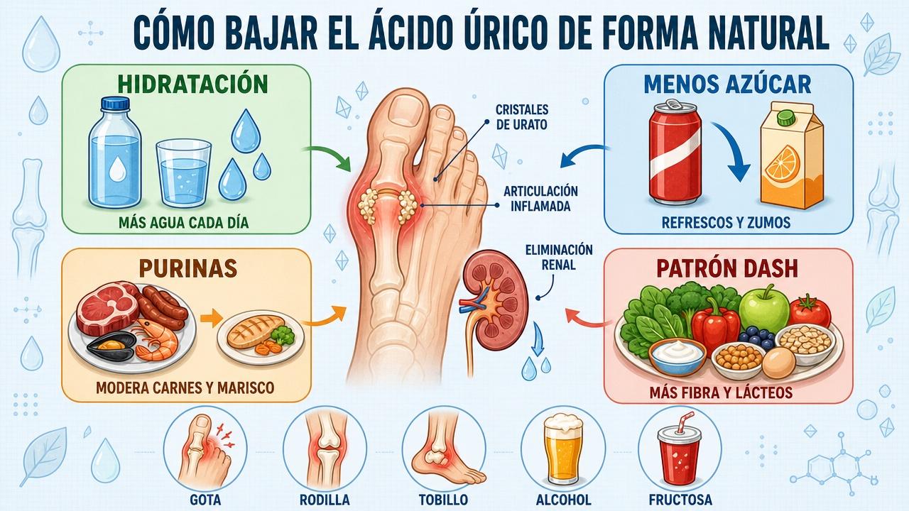 Hidratación, menos azúcar, menos purinas y patrón DASH para bajar urato.