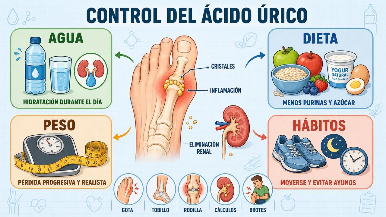 Agua, dieta, peso y rutina estable: pilares para controlar el ácido úrico.
