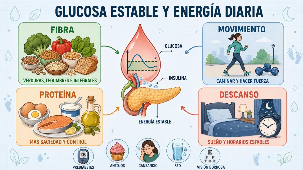 Fibra, movimiento, proteína y descanso sostienen mejor la glucosa y la energía.