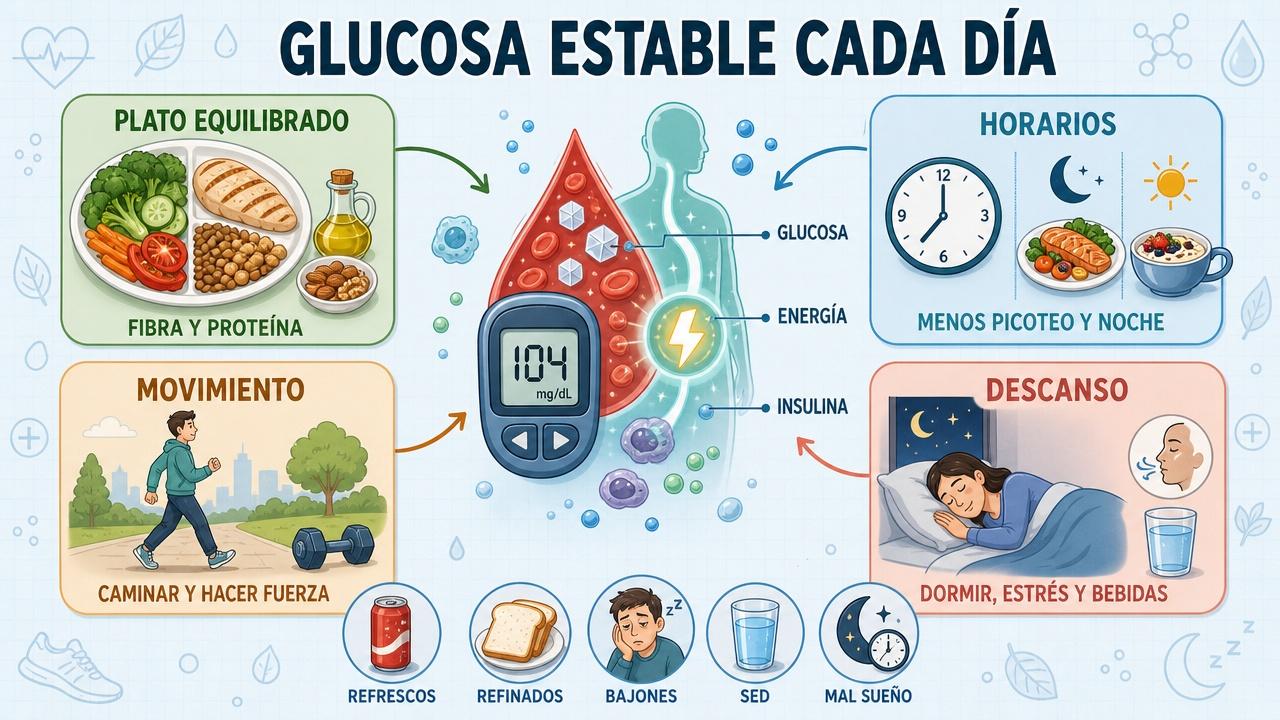 Plato equilibrado, horarios, movimiento y descanso para controlar mejor la glucosa.