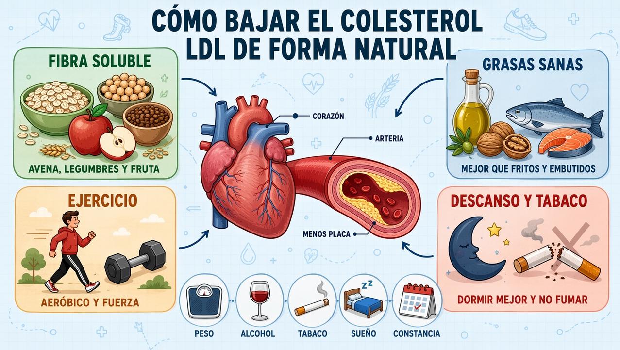 Fibra, grasas saludables, ejercicio y descanso sostienen un LDL más bajo.