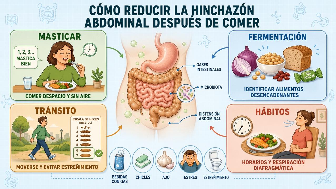 Cuatro pilares para reducir gases, mejorar digestión y prevenir distensión abdominal.